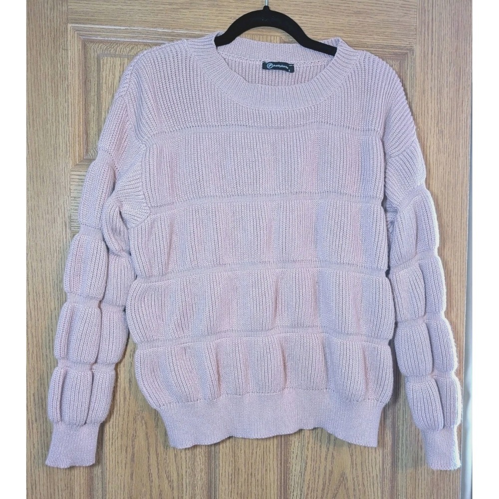 PrettyGarden Pink Chunky Knit Sweater Women's S Bubble Sleeve Pullover‎ Winter